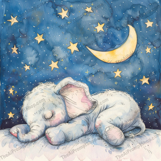 Dreamy Nighttime Animals AI MidJourney Image Prompt, 9658 Storybook Illustrations, midjourney, baby elephant, giraffe, koala, panda bear, sleeping animals, nighttime, starlit sky, crescent moon, whimsical, serene, dreamy, watercolor style, peaceful, cute animals, illustration, calm, wonder, children's art, nursery decor, animal art, Midjourney, Ai, Ai Image Prompt, Image Prompt, Prompt