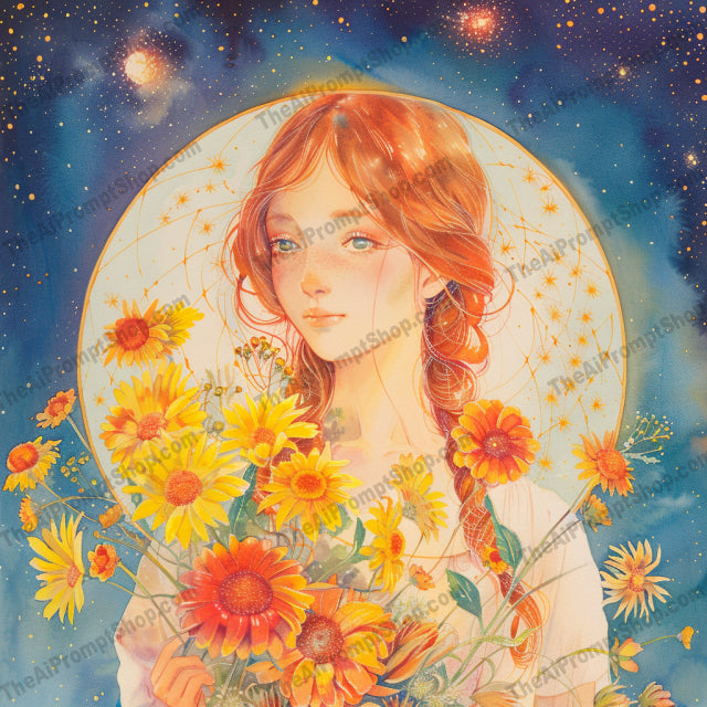 Whimsical Portrait Series AI MidJourney Image Prompt, 9671 Florals, midjourney, whimsical, portrait, celestial, dreamy, illustration, colorful, heartwarming, magical, art, fantasy, gentle, vibrant, background, galaxy, stars, nature, book, flowers, basket, puppy, Midjourney, Ai, Ai Image Prompt, Image Prompt, Prompt