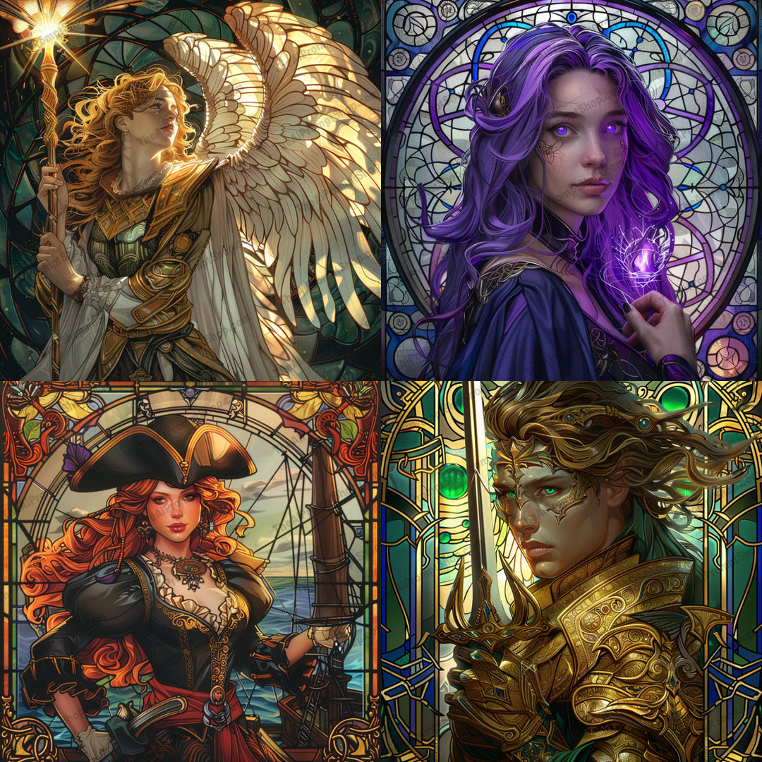Fantasy Stained Glass Art AI MidJourney Image Prompt, 8971 Landscapes & Paintings, midjourney, fantasy, stained glass, digital art, vibrant colors, intricate details, character art, angel, wizard, pirate, knight, magical, timeless, rich colors, mystical, storytelling, ornate, heroic, mythical, legend, whimsical, Midjourney, Ai, Ai Image Prompt, Image Prompt, Prompt