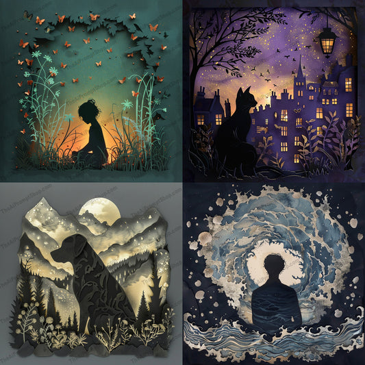 Mystical Silhouettes AI MidJourney Image Prompt, 9307 Isometrics & Icons, midjourney, mystical, silhouettes, enchanted, dreamy, nature, urban, reflection, curiosity, tranquil, beauty, textured, magical, animals, landscape, night, stars, moon, butterflies, fireflies, creative, Midjourney, Ai, Ai Image Prompt, Image Prompt, Prompt