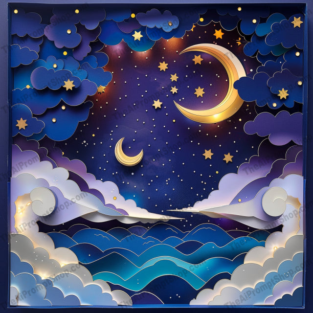 Dreamy Cosmic Landscape AI MidJourney Image Prompt, 8755 Fantasy, midjourney, cosmic, dreamy, surreal, fantasy, vibrant colors, space, nature, mystical, whimsical, abstract shapes, stars, planets, moons, clouds, eye, landscape, imagination, dreamscape, stellar, ethereal, paper art style, Midjourney, Ai, Ai Image Prompt, Image Prompt, Prompt
