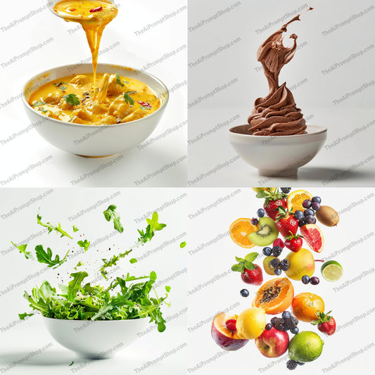 Creative Food Art AI MidJourney Image Prompt, 9533 Food, midjourney, food, artistic food, culinary art, curry, chocolate ice cream, green salad, fresh fruits, food photography, vibrant food, delicious dishes, food styling, creative food presentation, gourmet, culinary delights, plating techniques, fruit splashes, food aesthetics, gourmet dishes, fine dining, culinary creativity, Midjourney, Ai, Ai Image Prompt, Image Prompt, Prompt
