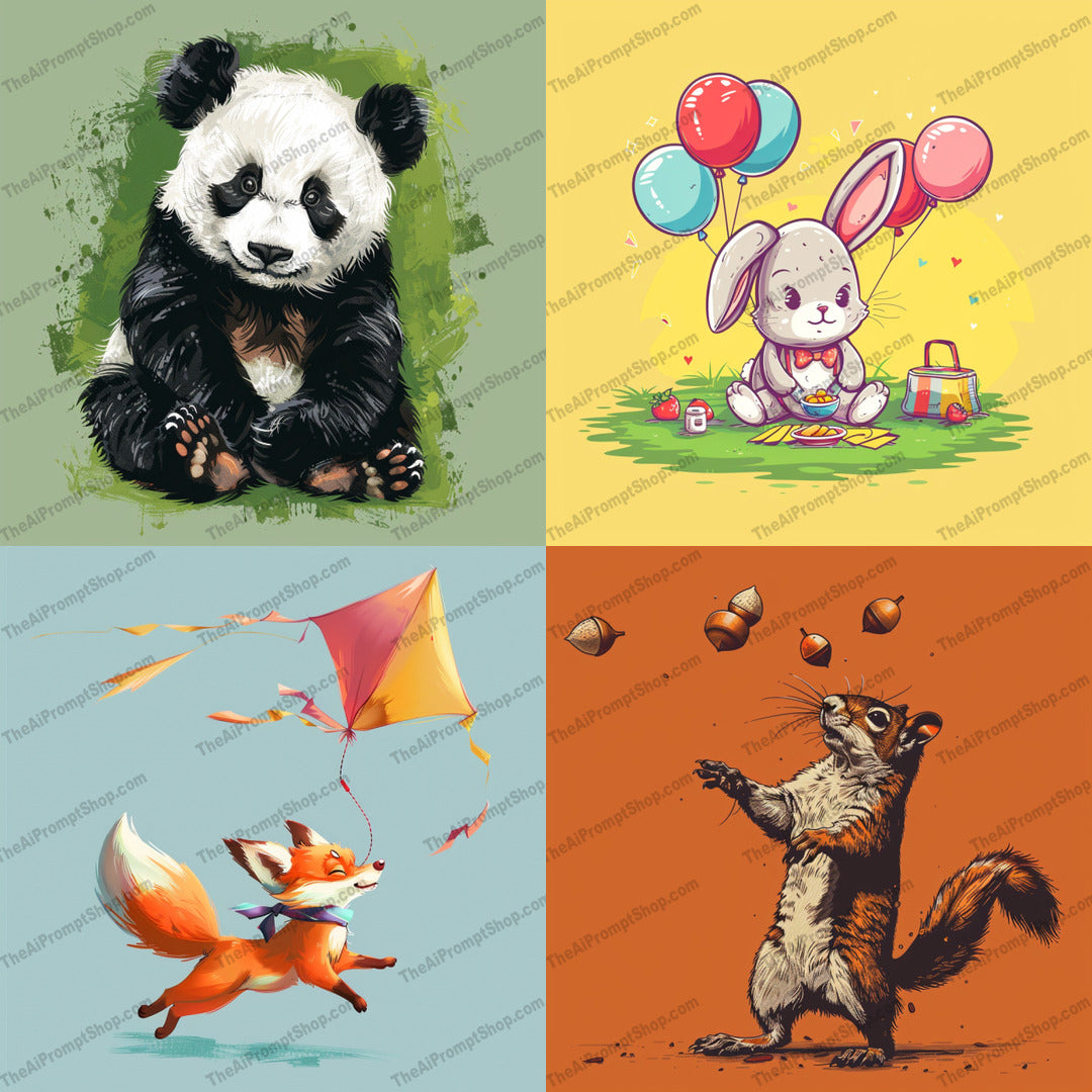 Whimsical Animal Illustrations AI MidJourney Image Prompt, 9435 T Shirt Designs, midjourney, whimsical, animal illustrations, panda, rabbit, fox, squirrel, hand-drawn art, playful, heartwarming, children, colorful, lively, engaging, cartoon style, cute animals, nature, animal lovers, fantasy, illustration, artwork, Midjourney, Ai, Ai Image Prompt, Image Prompt, Prompt