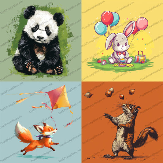 Whimsical Animal Illustrations AI MidJourney Image Prompt, 9435 T Shirt Designs, midjourney, whimsical, animal illustrations, panda, rabbit, fox, squirrel, hand-drawn art, playful, heartwarming, children, colorful, lively, engaging, cartoon style, cute animals, nature, animal lovers, fantasy, illustration, artwork, Midjourney, Ai, Ai Image Prompt, Image Prompt, Prompt
