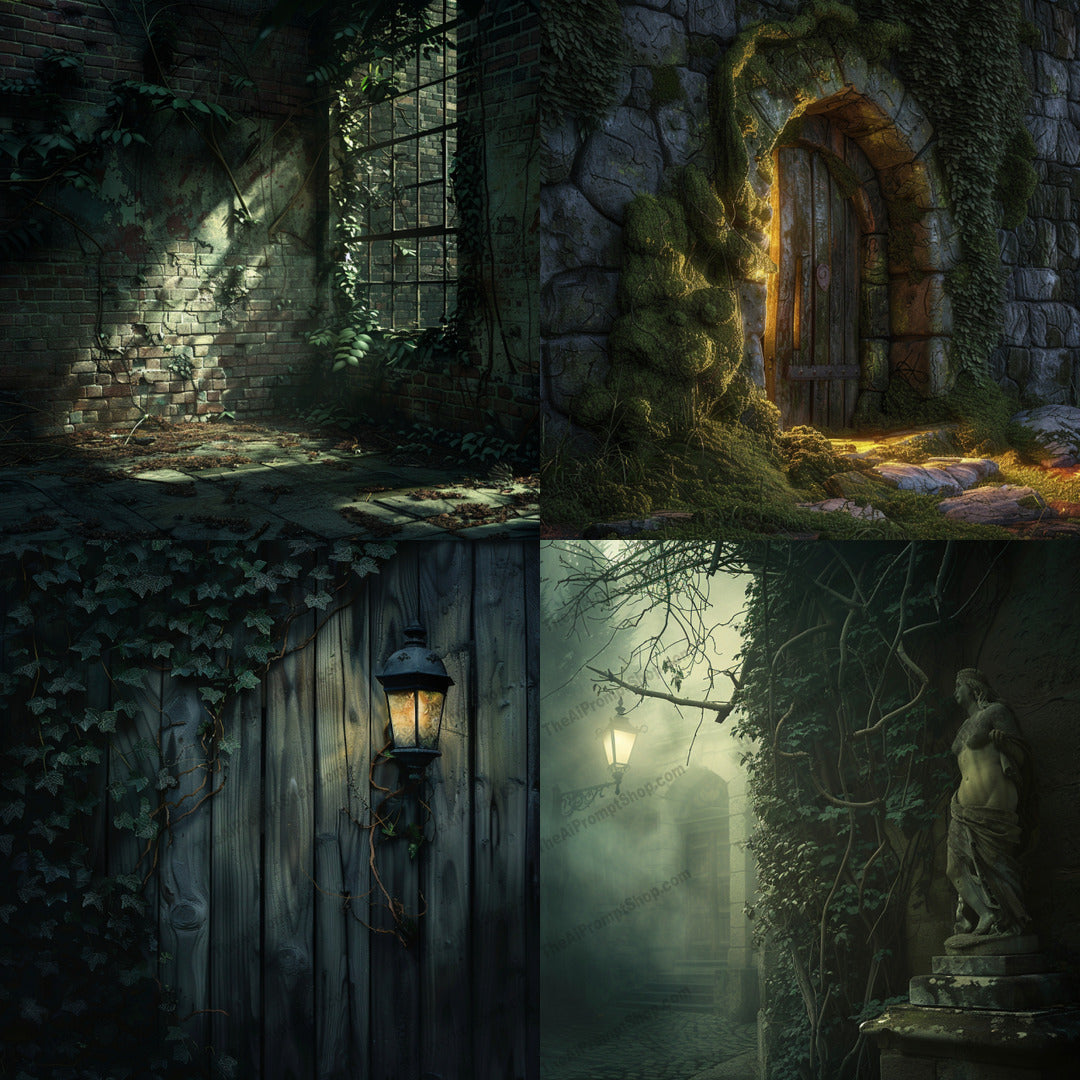 Abandoned Mystical Settings AI MidJourney Image Prompt, 8888 — Create abandoned mystical settings filled with overgrown architecture, ancient stone, moody light,… — cover image