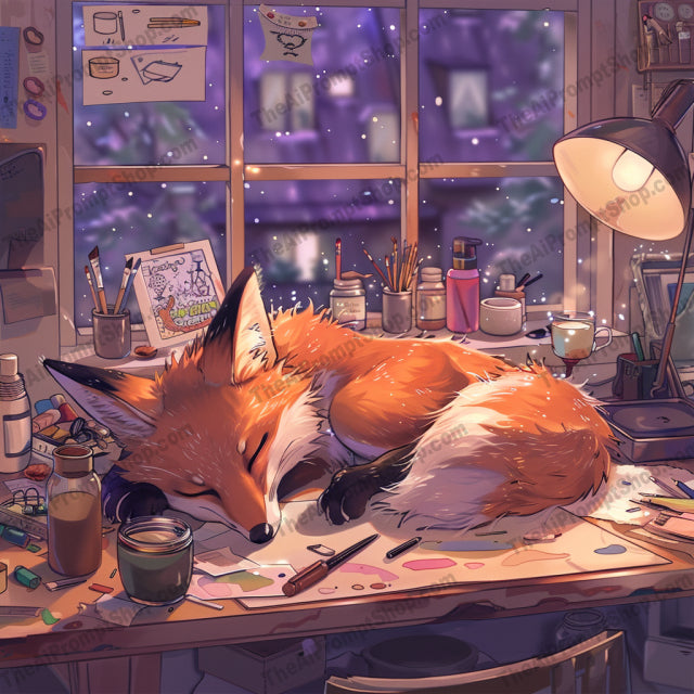 Animals Taking a Nap AI MidJourney Image Prompt, 9467 Anime, midjourney, animals, napping, cozy, serene, indoor, art, peaceful, warmth, dog, fox, hedgehog, rabbit, plants, sunset, artist desk, natural light, calm, sleep, pets, illustration, Midjourney, Ai, Ai Image Prompt, Image Prompt, Prompt