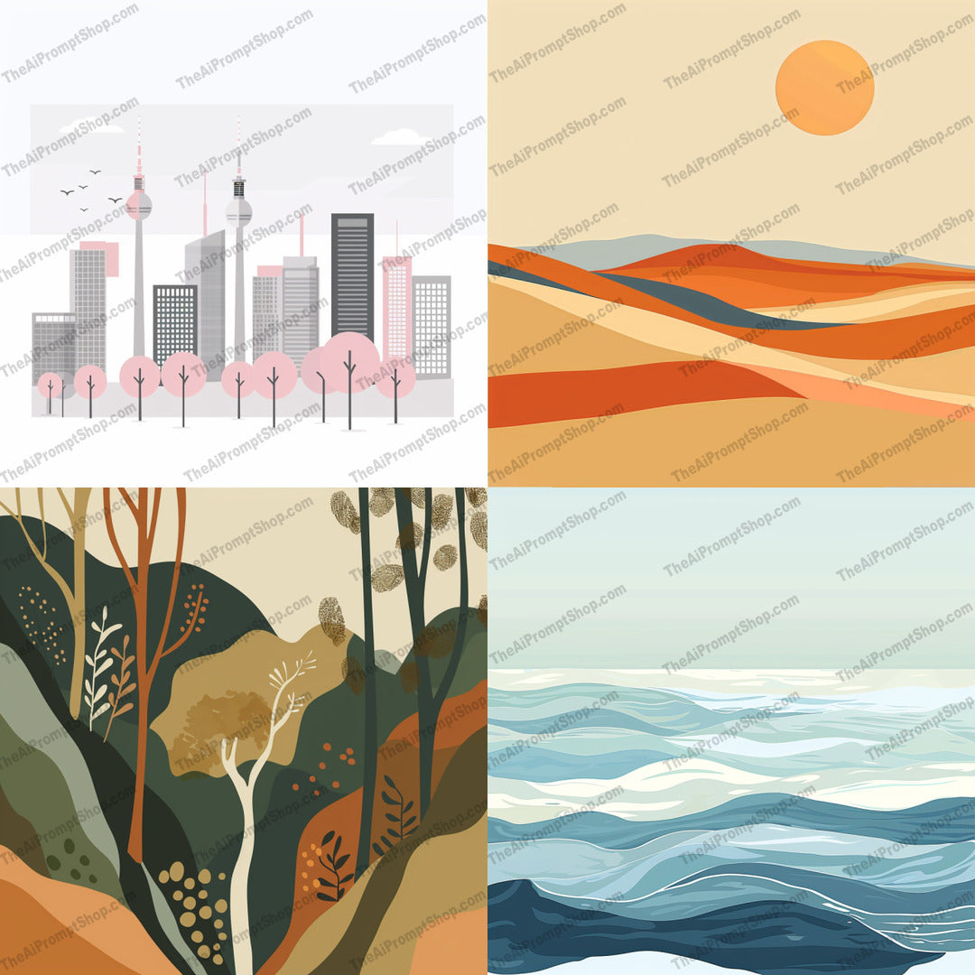 Abstract Landscape Art AI MidJourney Image Prompt, 9400 — Create calm, modern landscape artwork with simplified city skylines, rolling hills, forest forms,… — cover image