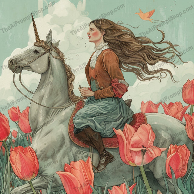 AI MidJourney Image Prompt, Ethereal Beasts and Blooms, 4936chat gpt, chat gpt prompts, chatgpt, chatgpt prompts, Dreamlike nature, Fantasy flora and fauna, Floral enchantment, Garden of wonders, Legendary animals, Majestic creatures, midjourney, Mythical elegance, Serene beauty, Storybook Illustrations, Tulip fields, Whimsical riders
