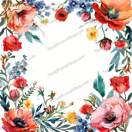 AI MidJourney Image Prompt, Floral Watercolor Wreath Collection, 4464Artistic floral ring, Botanical circle frame, Colorful wreath design, Decorative botanical wreath, Floral wreath artwork, Florals, Garden circle border, Hand-painted flowers, midjourney, Nature border illustration, Spring floral arrangement, Watercolor blooms frame, Watercolor flower wreath