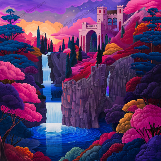 AI MidJourney Image Prompt, Chromatic Fantasy Realms, 4731Artistic scenery, Bold color blocks, chat gpt, chat gpt prompts, chatgpt, chatgpt prompts, Contrast and saturation, Dreamlike vistas, Fantasy art style, Geometric landscape art, Landscapes, midjourney, Stylized nature, Sunset hues, Twilight ambiance, Vibrant color palette