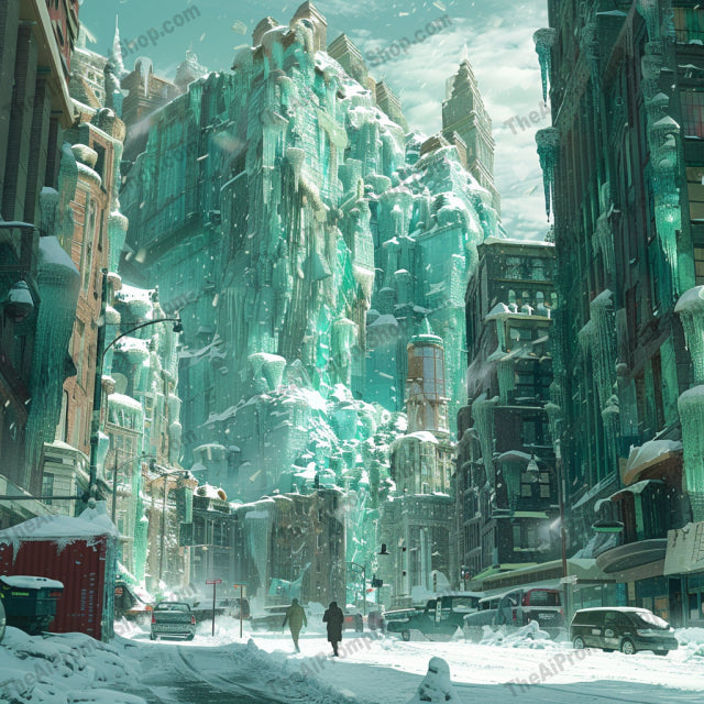 Vibrant Winter Cityscape AI MidJourney Image Prompt, 9401 Landscapes & Paintings, midjourney, winter, cityscape, icicles, colorful, vibrant, urban, snow, buildings, surreal, enchanting, icy structures, winter wonderland, city, street, cars, people, cold, frost, architecture, breathtaking, Midjourney, Ai, Ai Image Prompt, Image Prompt, Prompt