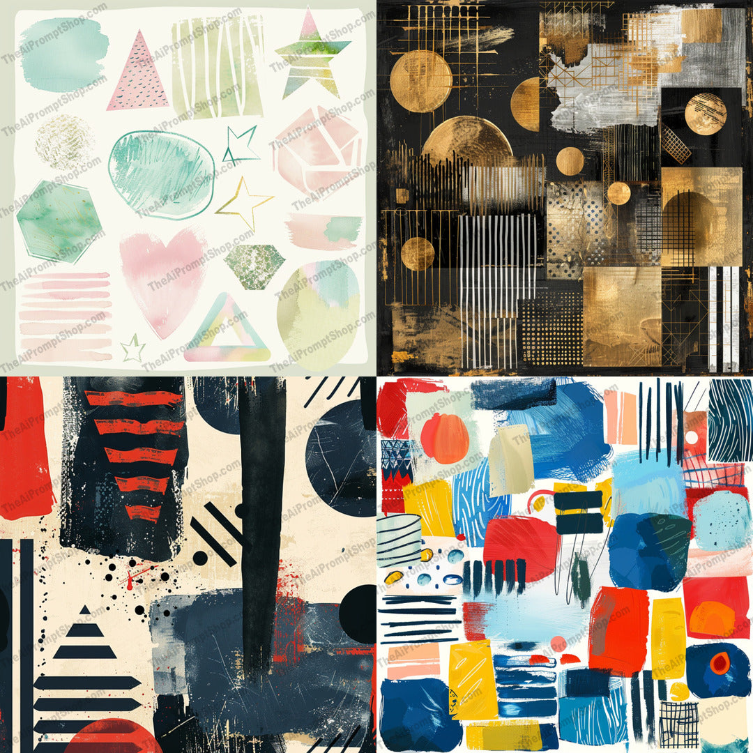 Abstract Geometric Art AI MidJourney Image Prompt, 8747 — Create bold abstract geometric artwork with layered shapes, textured marks, lines, circles, grids,… — cover image