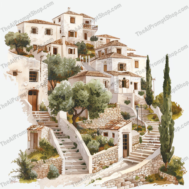Charming Mediterranean Streetscape AI MidJourney Image Prompt, 8667Ai, Ai Image Prompt, architecture, art, charming, cobblestone, Europe, greenery, heritage, illustration, Image Prompt, Landscapes & Paintings, Mediterranean, midjourney, nature, painting, paths, peaceful, potted plants, Prompt, quaint, rustic buildings, serene, streetscape, village, watercolor