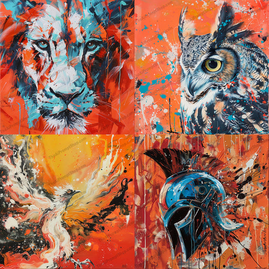 Vibrant Abstract Wildlife and Warrior AI MidJourney Image Prompt, 8982 Animals, midjourney, abstract, wildlife, warrior, lion, owl, phoenix, helmet, vibrant, expressive, dynamic, colorful, bold colors, mythical, fierce, wisdom, strength, movement, energy, art, painting, Midjourney, Ai, Ai Image Prompt, Image Prompt, Prompt