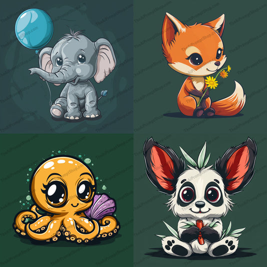 Cute Animal Illustrations AI MidJourney Image Prompt, 9431 T Shirt Designs, midjourney, cute, animal, illustration, cartoon, whimsical, children, decor, playful, image, art, vibrant, charming, fun, innocence, expressive, character, adorable, kid-friendly, artwork, design, Midjourney, Ai, Ai Image Prompt, Image Prompt, Prompt