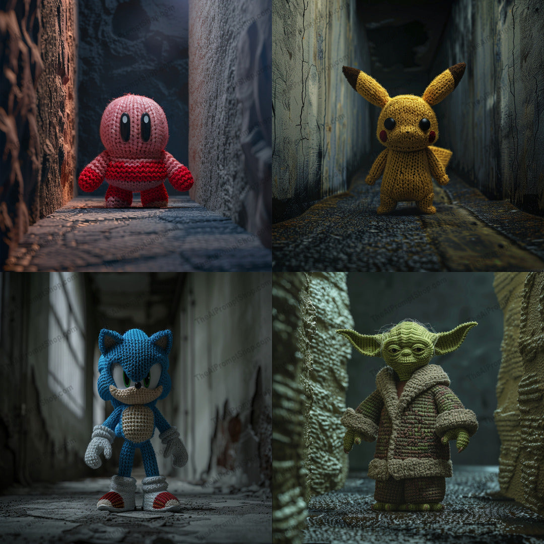 Crocheted characters in moody alley illustration in a fantasy style created from an AI image prompt.