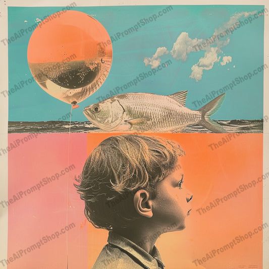 Surrealist Digital Collage AI MidJourney Image Prompt, 8221abstract, artistic, bird, bold colors, clouds, colorful, contemporary, creative, dreamlike, etherealmidjourney, experimental, fish, imaginative, mixed media, modern art, profiles, surreal digital art, vibrant, whimsical