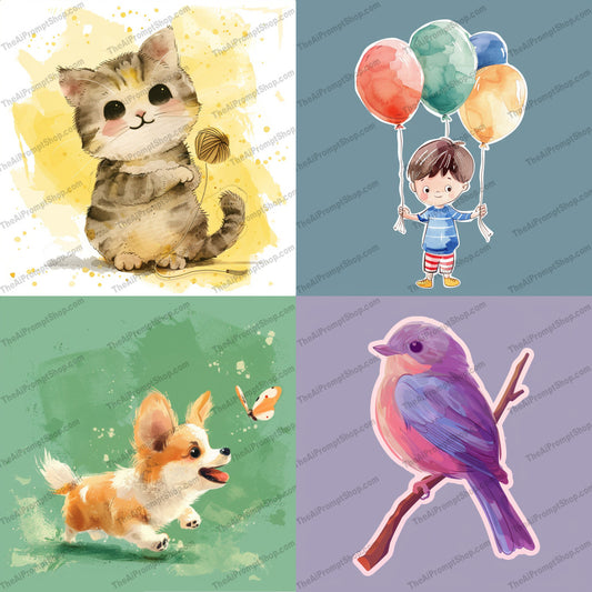 Watercolor Cute Illustrations AI MidJourney Image Prompt, 9320 Animals, midjourney, watercolor, cute, illustration, kitten, yarn, child, balloons, puppy, butterfly, bird, perched, branch, whimsical, playful, children, art, animal, colorful, happy, fun, Midjourney, Ai, Ai Image Prompt, Image Prompt, Prompt