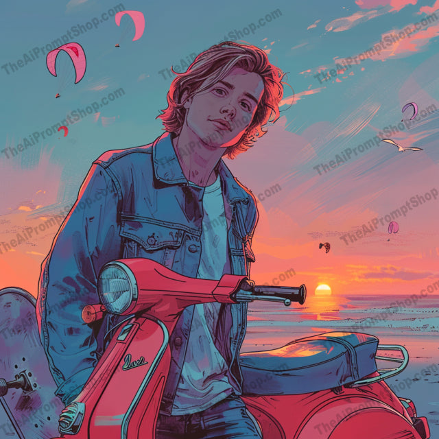 Sunset Beaches and Vibrant Moments AI MidJourney Image Prompt, 9326 Landscapes & Paintings, midjourney, beach, sunset, bicycle, surfboard, summer, vibrant, colorful, sand, ocean, waves, reading, leisure, vacation, couple, adventure, sunset sky, scenic, paradise, beachgoers, beach life, Midjourney, Ai, Ai Image Prompt, Image Prompt, Prompt