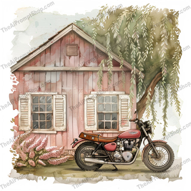 Whimsical Watercolor Vibes AI MidJourney Image Prompt, 9368 Fantasy, midjourney, watercolor, serene, bicycle, blooming tree, vintage van, palm tree, countryside cottage, motorcycle, mystical creature, detailed, intricate, whimsical, beauty, tranquil, art, nostalgia, unique art piece, street scene, vintage style, serene setting, Midjourney, Ai, Ai Image Prompt, Image Prompt, Prompt
