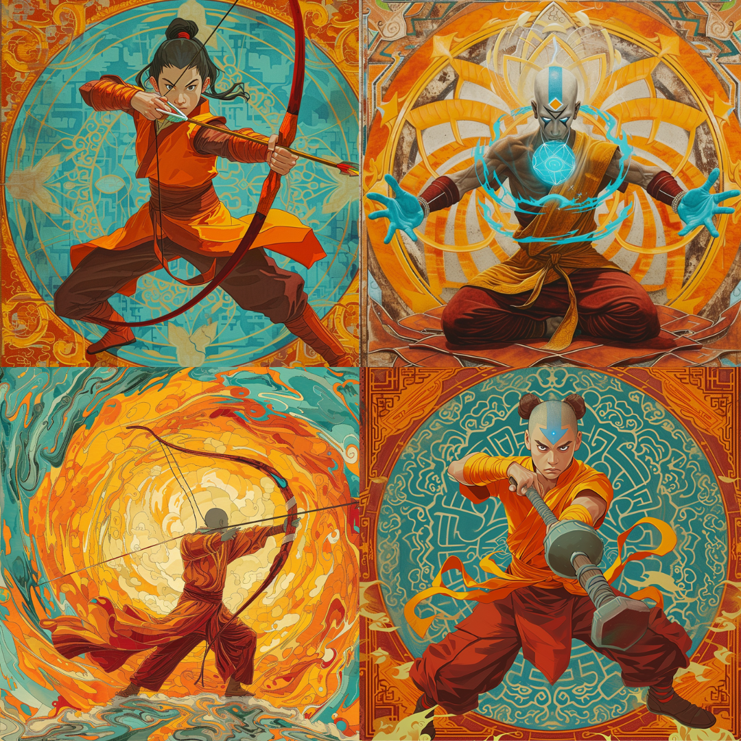 Mystic Elements Tapestry AI MidJourney Image Prompt, Character Art, 4171Action illustration, Artistic symbolism, chat gpt, chat gpt prompts, chatgpt, chatgpt prompts, Cultural fusion, Elemental bending, Elemental harmony, Elemental warriors, Fluid motion, Martial arts depiction, midjourney, Mythic storytelling, Ornate backgrounds, Spiritual iconography, Stylized combat, Thematic elements, Traditional motifs, Vibrant color schemes