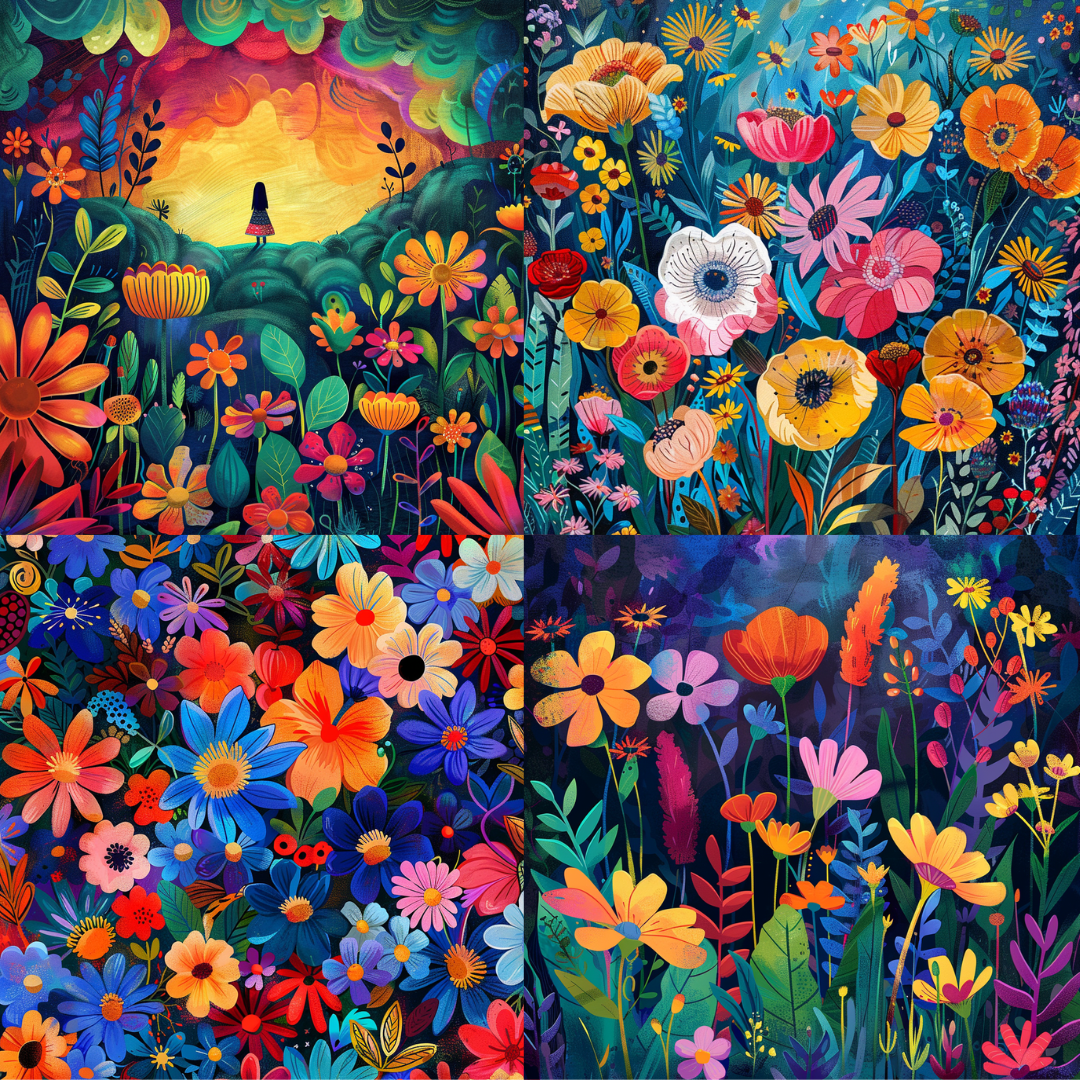 Kaleidoscope bloom patterns in a colorful style created from an AI image prompt.