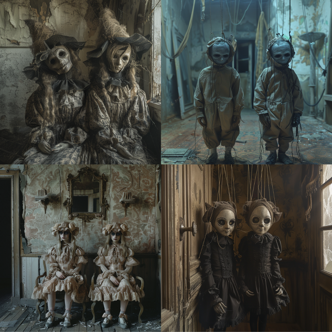 AI MidJourney Image Prompt, Eerie Dollhouse, 4853Abandoned atmosphere, Antique aesthetics, chat gpt, chat gpt prompts, chatgpt, chatgpt prompts, Creepy dolls, Dilapidated elegance, Eerie ambiance, Forgotten playthings, Gothic storytelling, Grunge textures, Haunting portraits, Historic nostalgia, Macabre art, midjourney, Mysterious figures, Scary, Sinister twins, Surreal photography, Time-worn textures, Victorian horror