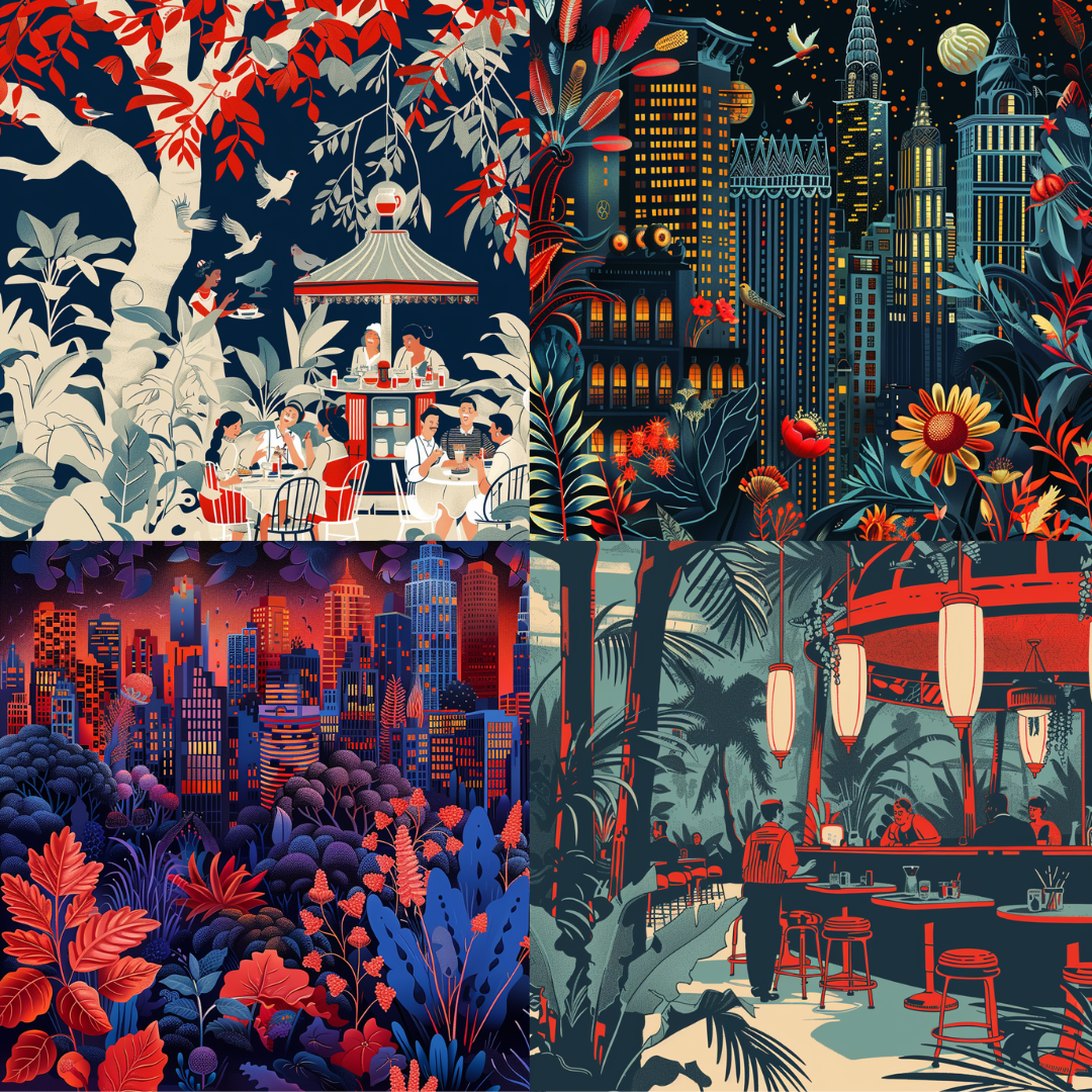 Urban jungle illustration in a colorful style created from an AI image prompt.