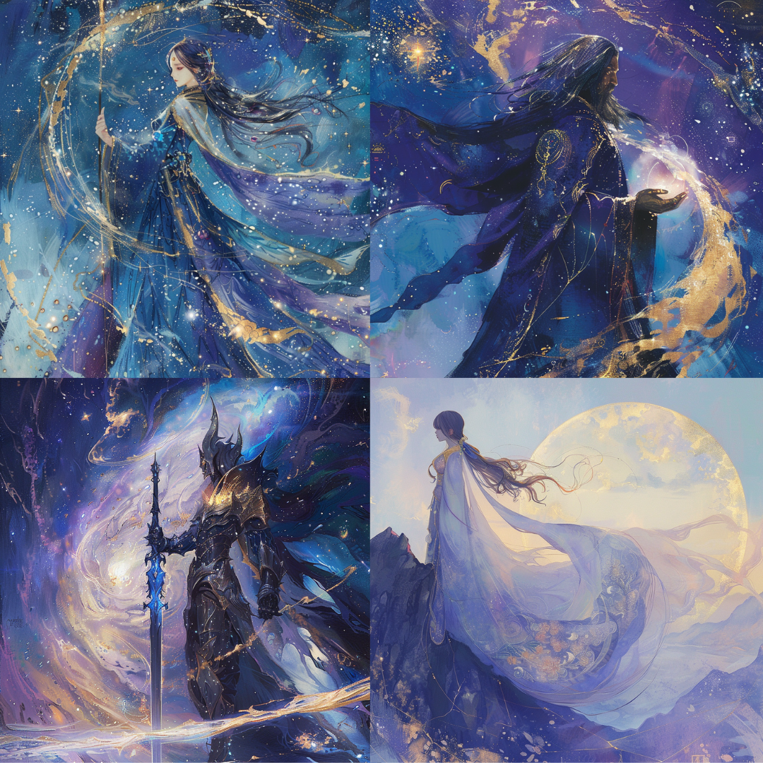 Celestial Fantasy Warriors AI MidJourney Image Prompt, 8040AI image prompts, artistic exploration, celestial designs, celestial fantasy, cosmic journey, cosmic magic, cosmic mysticism, cosmic warriors, creative inspiration, epic fantasy, ethereal warriors, fantasy character design, fantasy storytelling, fantasy worlds, magical beings, midjourney, otherworldly art, otherworldly visuals, star-filled skies, starry night art, visionary art