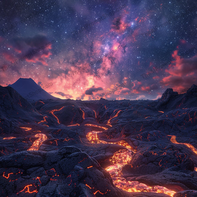 Cosmic Nightscapes AI MidJourney Image Prompt, 8748 Landscapes & Paintings, midjourney, cosmic, nightscapes, starry sky, snowy terrain, winter trees, deep canyon, flowing lava, vibrant sky, mesmerizing hues, environmental elements, nature, landscapes, digital art, scenic, galaxy, space, night, beautiful, fantasy, surreal, Midjourney, Ai, Ai Image Prompt, Image Prompt, Prompt