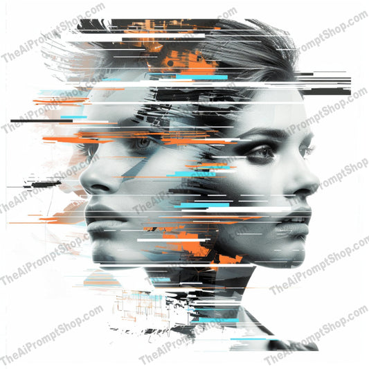 Glitched Portrait Art AI MidJourney Image Prompt, 8649abstract, Ai, Ai Image Prompt, artistic, color streaks, contemporary, creative, decor, digital art, distorted, edgy, futuristic, glitch, glitch effect, Image Prompt, innovation, midjourney, modern, portrait, portrait art, Portraits & People, Prompt, stylized, technology, vibrant, visual art