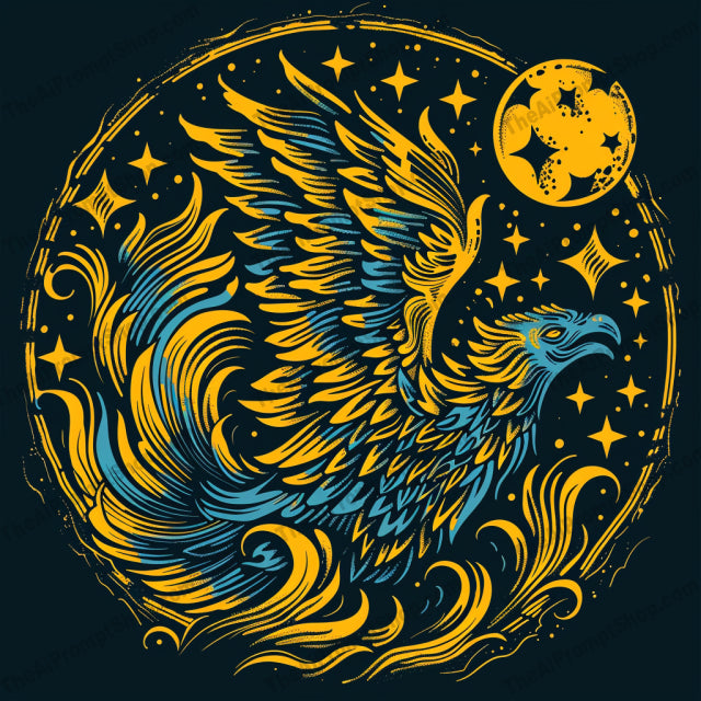 Mythic Dreams AI MidJourney Image Prompt, 8007artistic illustration, blue and gold, celestial, cosmic, dragon, dreamlike, enchanting., ethereal, folklore, goddess, intricate, midjourney, moon, mystical, ornate, phoenix, stars, surreal, symbolic
