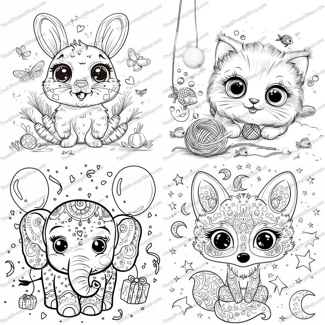 Cute Animal Illustrations AI MidJourney Image Prompt, 9648 Coloring Pages, midjourney, cute animals, adorable illustrations, bunny, kitten, elephant, fox, animal art, whimsical, detailed drawings, large eyes, playful art, charming designs, butterflies, yarn, balloons, stars, kids art, storybook, illustrations, animal characters, Midjourney, Ai, Ai Image Prompt, Image Prompt, Prompt