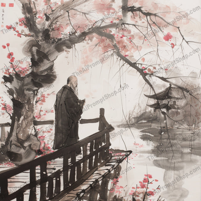 Oriental Ink Painting AI MidJourney Image Prompt, 8914 Landscapes & Paintings, midjourney, Oriental, ink painting, nature, traditional architecture, serenity, tranquility, harmony, landscape, brush strokes, light and shadow, classical art, Asian art, mountains, trees, bamboo, cranes, cherry blossoms, water scenery, reflection, mist, Midjourney, Ai, Ai Image Prompt, Image Prompt, Prompt