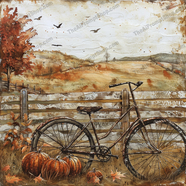 Rustic Autumn Scenes AI MidJourney Image Prompt, 8757 Landscapes & Paintings, midjourney, rustic, autumn, fall, vintage car, rowboat, lake, train, forest, bicycle, pumpkins, scenic, painting, warm tones, serene, picturesque, nature, landscape, retro, seasonal, classic, Midjourney, Ai, Ai Image Prompt, Image Prompt, Prompt