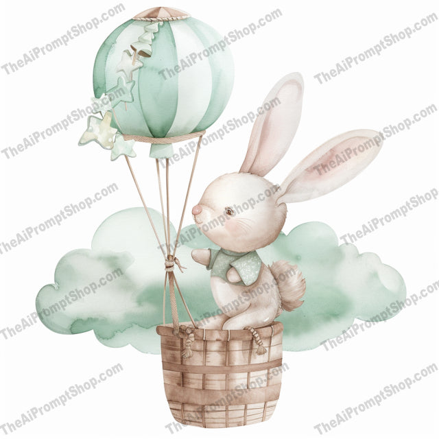 Cute Animals Flying in Hot Air Balloons AI MidJourney Image Prompt, 9438 Storybook Illustrations, midjourney, cute, animals, hot air balloons, fox, rabbit, elephant, panda, watercolor, whimsical, adorable, flying, clouds, dreamy, gentle, soft colors, pastel, illustration, sky, children, nursery, fantasy, Midjourney, Ai, Ai Image Prompt, Image Prompt, Prompt