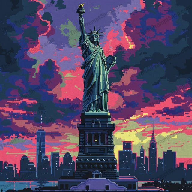 AI MidJourney Image Prompt, Pixelated Wonders at Dusk, 4712Architectural silhouette, chat gpt, chat gpt prompts, chatgpt, chatgpt prompts, Digital art, Dusk landscapes, Iconic landmarks, Landscapes, midjourney, Pixel art travel, Pixel cloudscape, Reflection in water, Retro gaming aesthetic, Sunset palette, Twilight cityscape