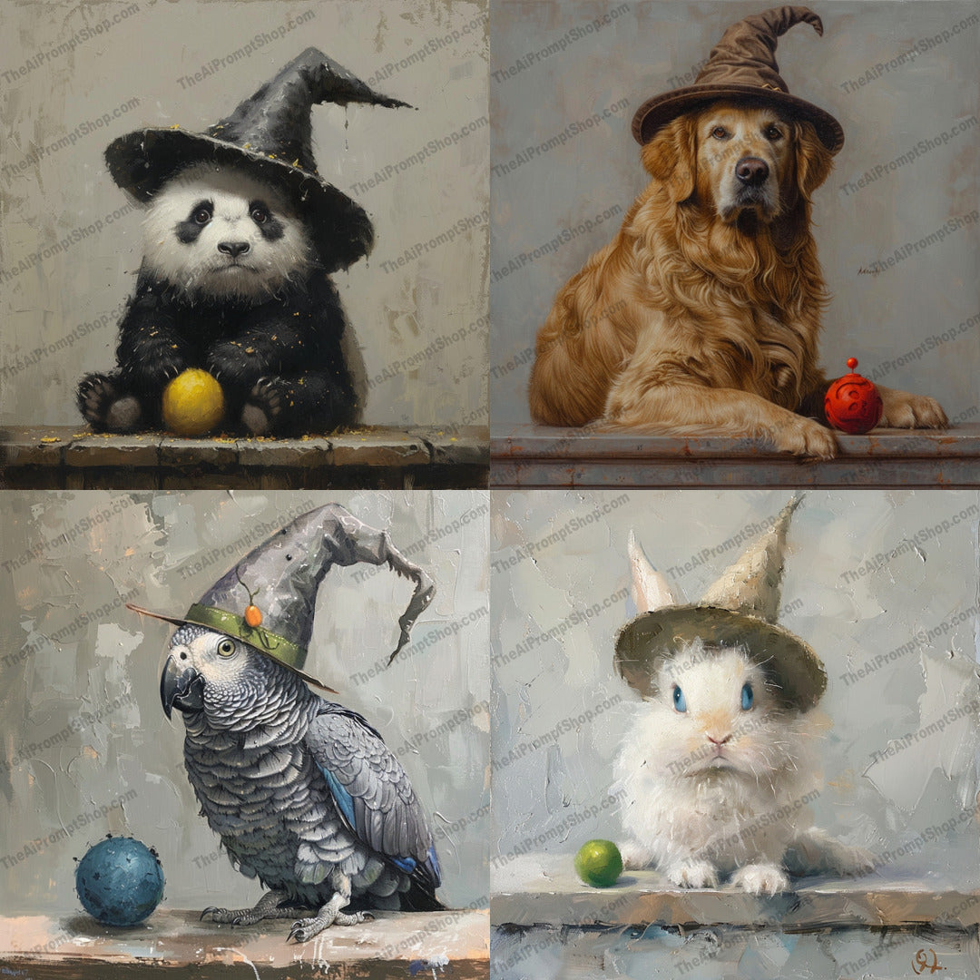 Whimsical Animals in Hats AI MidJourney Image Prompt, 9531 Fantasy, midjourney, whimsical, animals, hats, charming, magical, playful, endearing, imaginative, enchanting, illustrations, fantasy, furry, feathered, cute, rabbit, parrot, dog, cat, mystical, Midjourney, Ai, Ai Image Prompt, Image Prompt, Prompt
