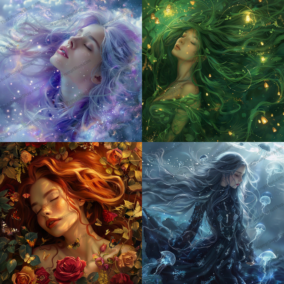 Ethereal Women in Nature AI MidJourney Image Prompt, 8977 Portraits & People, midjourney, ethereal, woman, nature, flowers, water, leaves, celestial, magical, illustration, artwork, fantasy, mystical, surreal, enchanting, colorful, detailed, beauty, dreamy, mythical, whimsical, Midjourney, Ai, Ai Image Prompt, Image Prompt, Prompt
