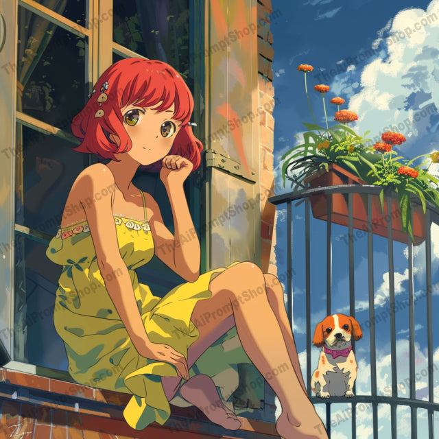 Balcony Reflections AI MidJourney Image Prompt, 9578 Anime, midjourney, balcony, illustration, serene, peaceful, flowers, greenery, vibrant, tranquil, detailed, warm hues, outdoors, scenic, art, digital art, calm, summer, window view, nature, plants, sky, Midjourney, Ai, Ai Image Prompt, Image Prompt, Prompt