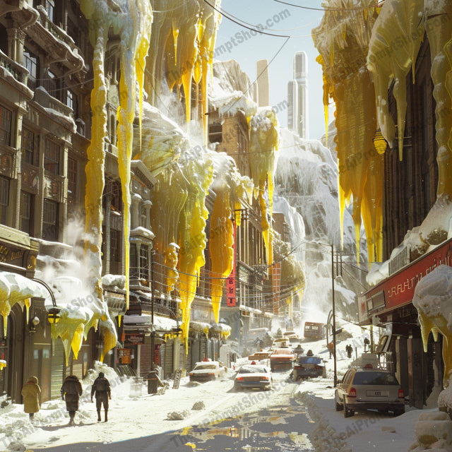 Vibrant Winter Cityscape AI MidJourney Image Prompt, 9401 Landscapes & Paintings, midjourney, winter, cityscape, icicles, colorful, vibrant, urban, snow, buildings, surreal, enchanting, icy structures, winter wonderland, city, street, cars, people, cold, frost, architecture, breathtaking, Midjourney, Ai, Ai Image Prompt, Image Prompt, Prompt