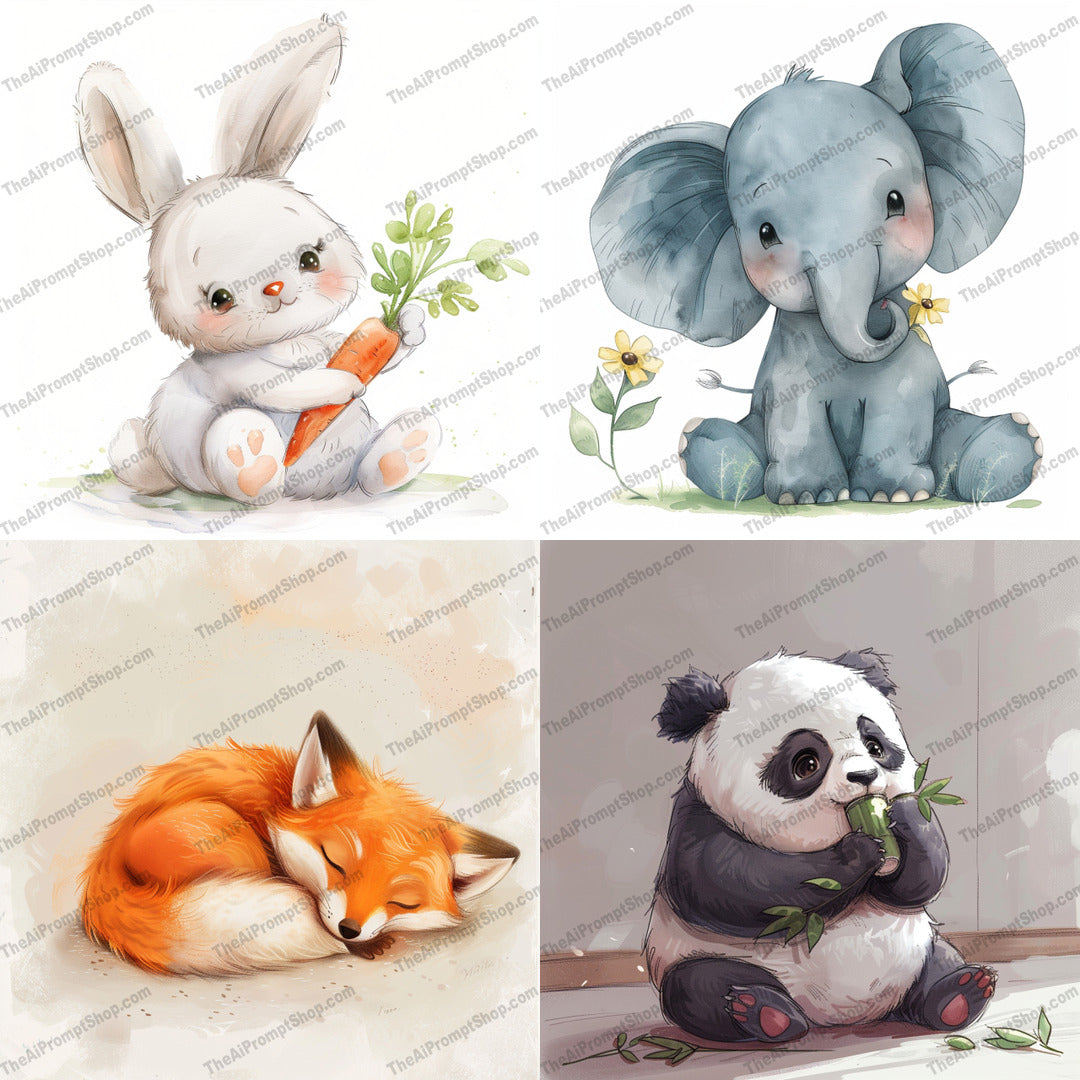 Adorable Baby Animals AI MidJourney Image Prompt, 8711 Animals, midjourney, baby animals, cute animals, bunny, rabbit, carrot, baby elephant, elephant, sleeping fox, fox, panda, bamboo, whimsical, charming, illustration, children's decor, storybook, animal art, nursery art, adorable animals, enchanting, Midjourney, Ai, Ai Image Prompt, Image Prompt, Prompt