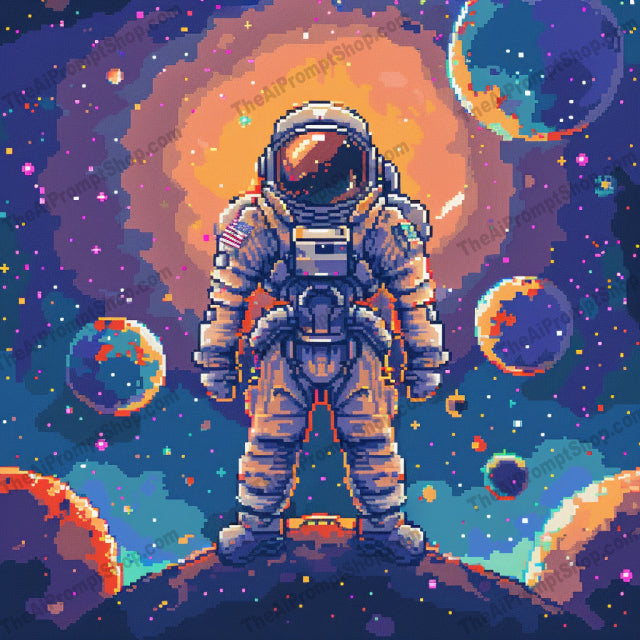 Explorer's Journey Pixel Art AI MidJourney Image Prompt, 82288-bit art, adventure, adventurous settings, ancient ruins, artisticmidjourney, astronaut, detailed pixels, explorer, icy mountain, jungle, nostalgic journey, pixel art, retro, space, unique, vibrant colors, video game art, vintage style, wildlife