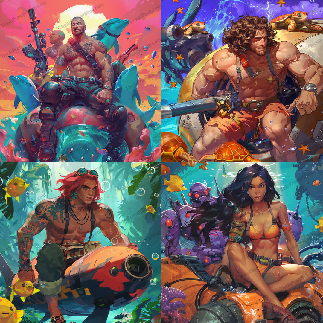 Underwater Warriors AI MidJourney Image Prompt, 9294 Animals, midjourney, underwater, warriors, aquatic, heroes, vivid colors, dynamic, detailed, character design, resilient, heroic, gear, adventure, submarine, fish, tropical, coral, intense, backgrounds, vibrant, seascape, Midjourney, Ai, Ai Image Prompt, Image Prompt, Prompt