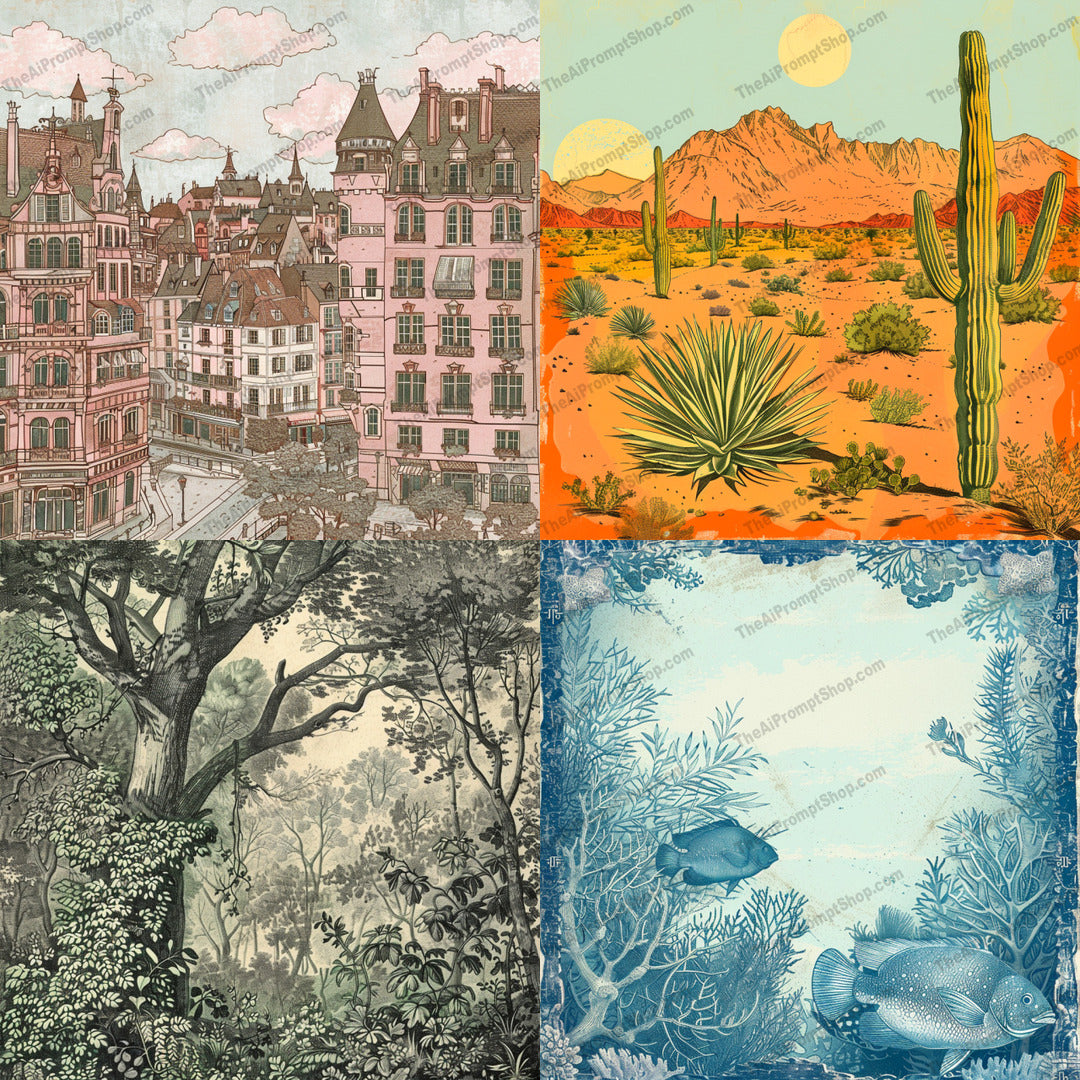 Vintage Landscape Scenes AI MidJourney Image Prompt, 9354 Storybook Illustrations, midjourney, vintage, landscape, nostalgic, detailed, muted colors, scenic, nature, cityscape, urban, desert, forest, underwater, old-fashioned, classic, artistic, illustration, antique, retro, picturesque, art, Midjourney, Ai, Ai Image Prompt, Image Prompt, Prompt