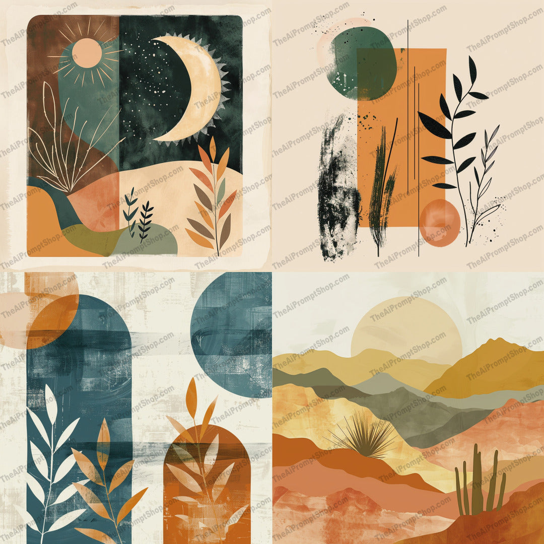 Abstract Boho Landscapes AI MidJourney Image Prompt, 8913 — Create boho abstract landscape artwork with geometric shapes, botanical forms, earthy color, textured… — cover image