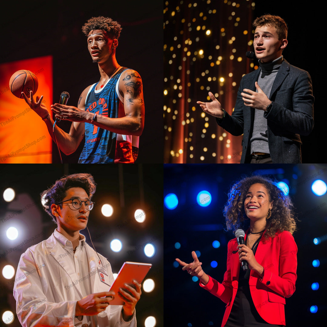 Diverse Public Speakers AI MidJourney Image Prompt, 8768 Futuristic, midjourney, public speaking, speakers, stage, microphone, presentation, conference, event, speech, motivation, inspiration, lights, diversity, performers, audience, communication, orators, leadership, professional, conference lighting, expressions, Midjourney, Ai, Ai Image Prompt, Image Prompt, Prompt