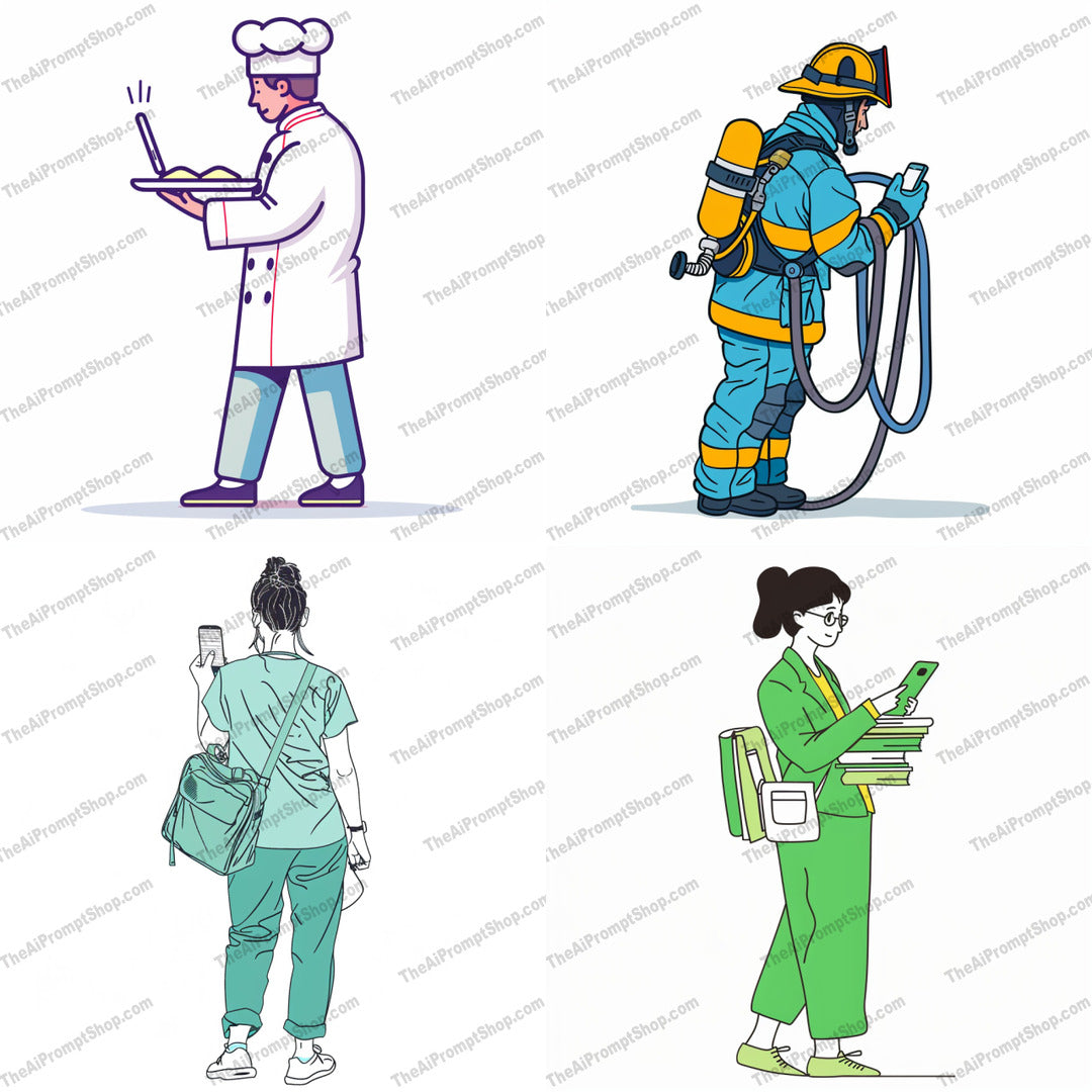 Everyday Heroes Illustration AI MidJourney Image Prompt, 9261 Portraits & People, midjourney, illustration, heroes, professional, everyday heroes, stylized, colorful, art, firefighter, nurse, doctor, medical professional, chef, occupation, design, graphic, people, emergency worker, cartoon style, modern art, creative, vibrant, Midjourney, Ai, Ai Image Prompt, Image Prompt, Prompt