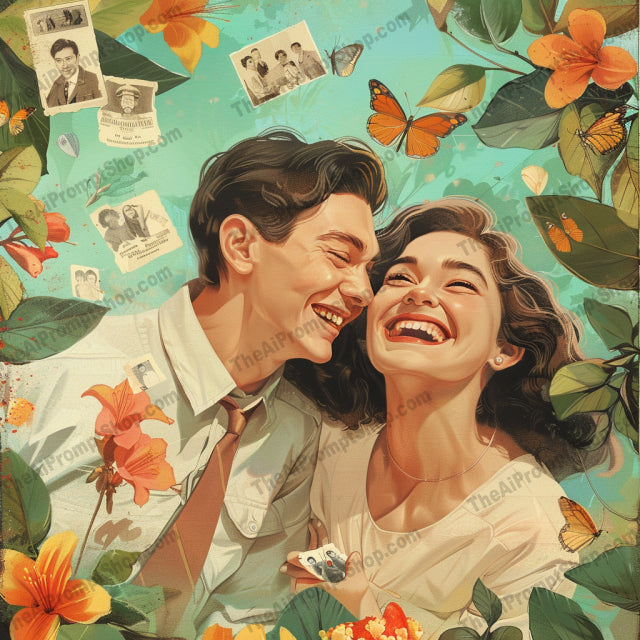Romantic Vintage Art AI MidJourney Image Prompt, 8242affection, artistic, butterflies, classic, collage, couple, decor, dreamy, elegant, flowers, love, nostalgic, ocean waves, romance, romantic vintage art, rustic, sheet music, texture, wall artmidjourney