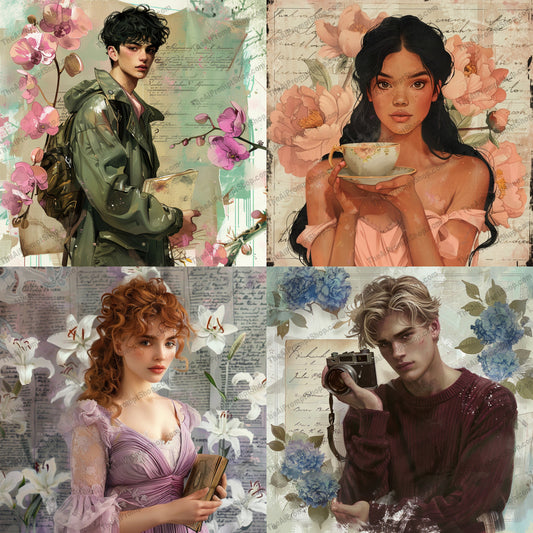 Romantic Vintage Portraits AI MidJourney Image Prompt, 9353 Portraits & People, midjourney, romantic, vintage, portraits, floral, antique, camera, book, teacup, nature, illustration, art, detailed, realistic, feminine, masculine, soft colors, delicate, pastel, elegant, classic, Midjourney, Ai, Ai Image Prompt, Image Prompt, Prompt